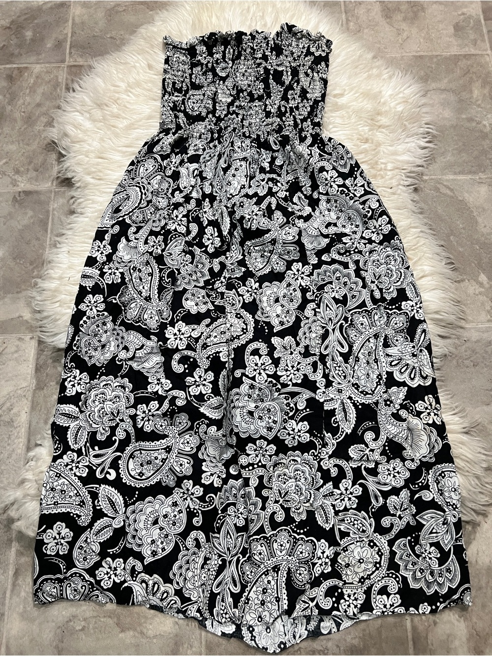 Black & White Paisley Floral Strapless Smocked Maxi Dress